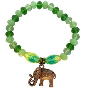Boho Green Beaded Elephant Charm Stretch Bracelet Antique Silver Tone Jewelry